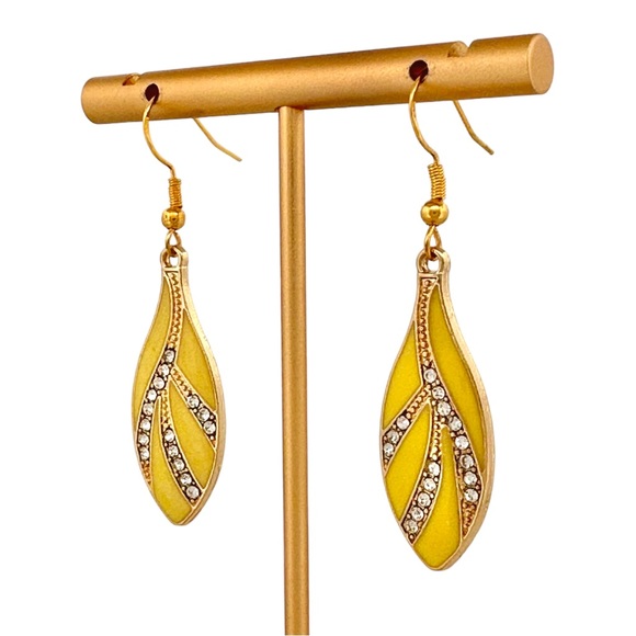 Yellow and Gold Tone Enamel Drop Earrings w/ s925 Sterling Silver Hooks - Picture 3 of 5